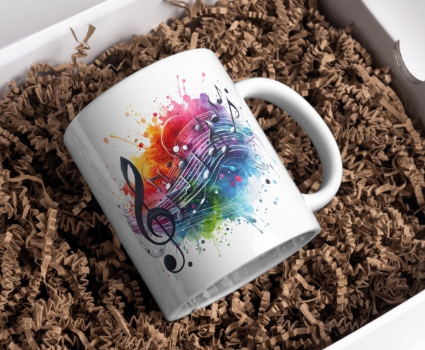 Weiße Keramik-Tasse mit farbenfrohem Musiknoten-Design, liebevoll in einer Geschenkbox mit natürlicher Papierfüllung präsentiert. Perfekt als hochwertiges Geschenk für Musikliebhaber.